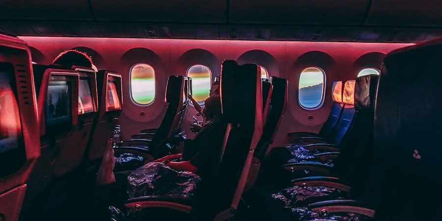 red and black train seats